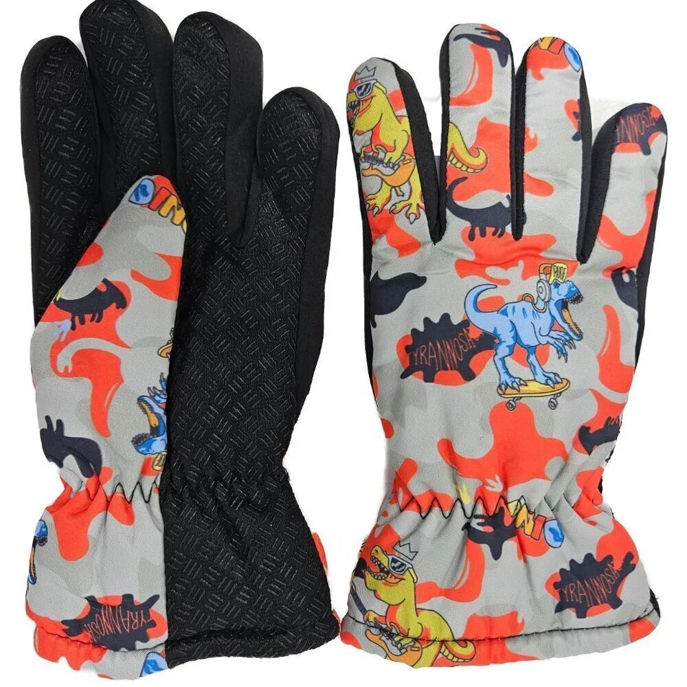 Kids Winter Gloves, Boys Girls Ski Glove,  Faux Fur Lined Dinosaur Designs, Red